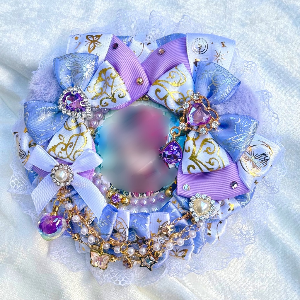 56mm～57mm　缶バッジ用　ねこ耳ロゼット　ラベンダー×ホワイト