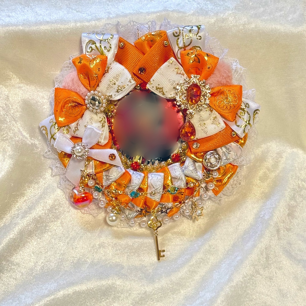 56mm~57mm 缶バッジ用 ねこ耳ロゼット オレンジ×ホワイト