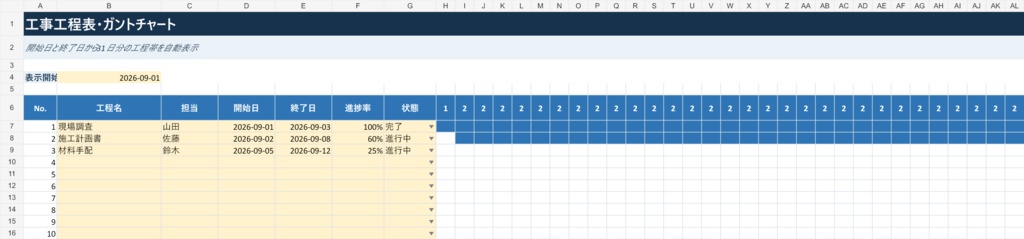 工事工程表ガントチャート｜開始日・終了日から31日分を自動表示【Excel】