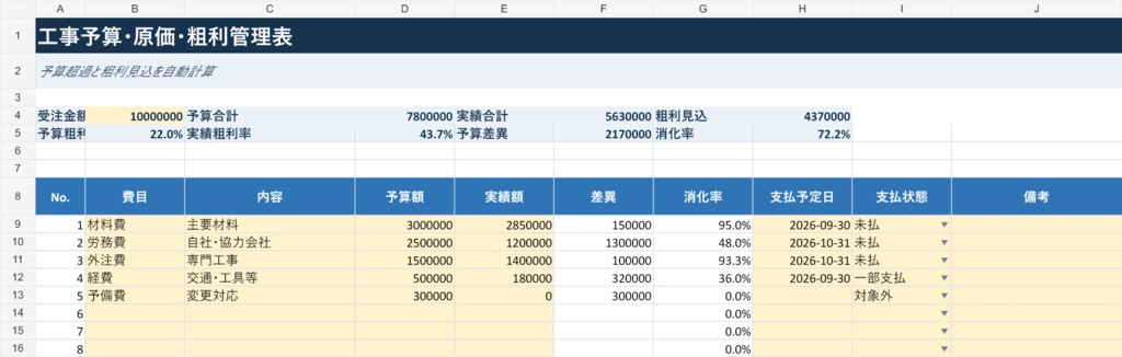 工事予算・原価・粗利管理表|予算超過と利益を自動計算【Excel】