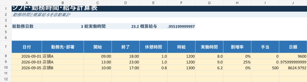 シフト勤務時間・給与計算表｜実働時間と概算給与を自動集計【Excel】