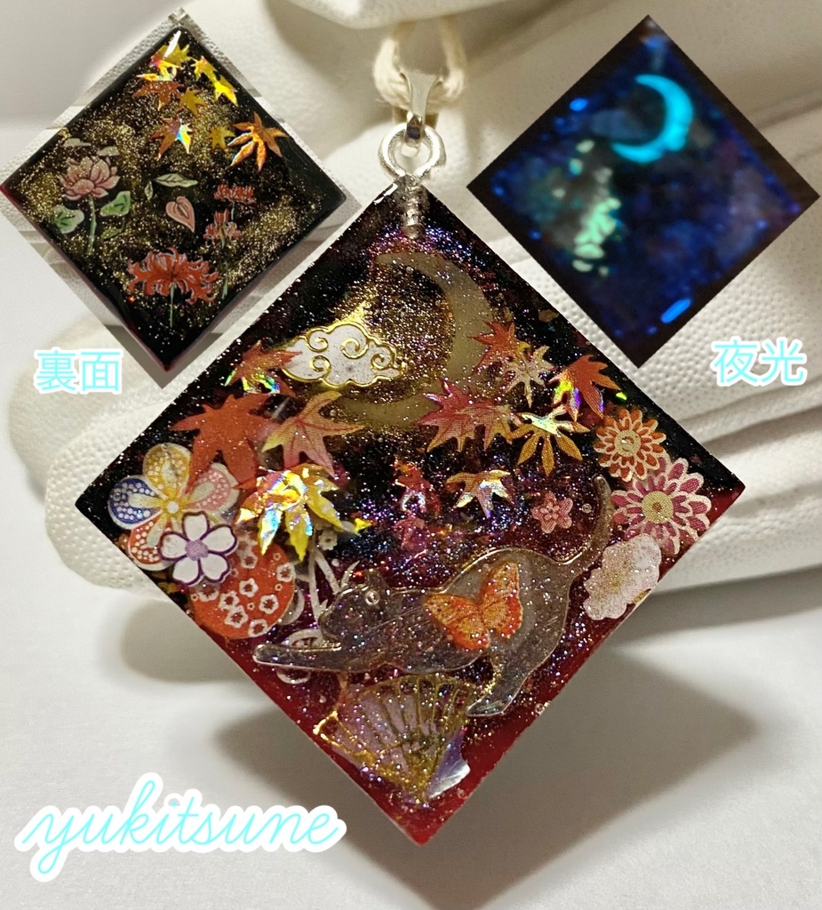 【No.178】ハンドメイド 秋月 和柄 和風 ネックレス ペンダント アクセサリー 猫 紅葉 雪狐レジン