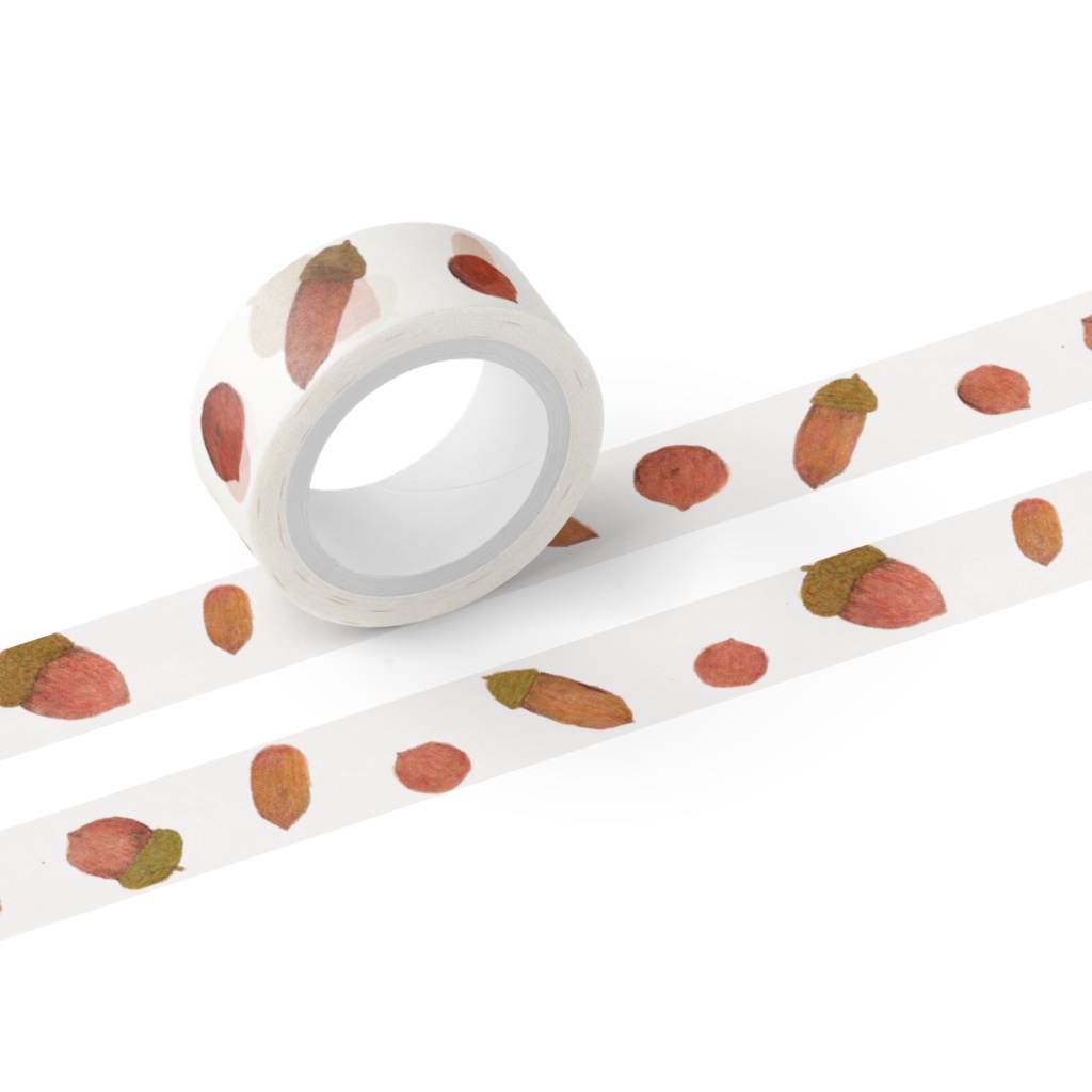 季節は秋「どんぐり 転がって楽しませる」白マスキングテープ 黄色(幅15mm)