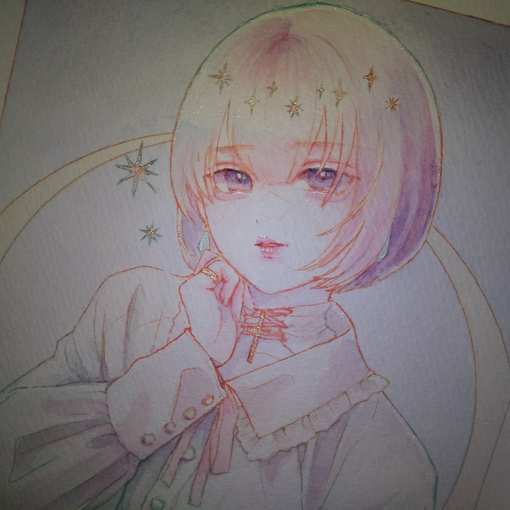 A5水彩原画「水仙と星」