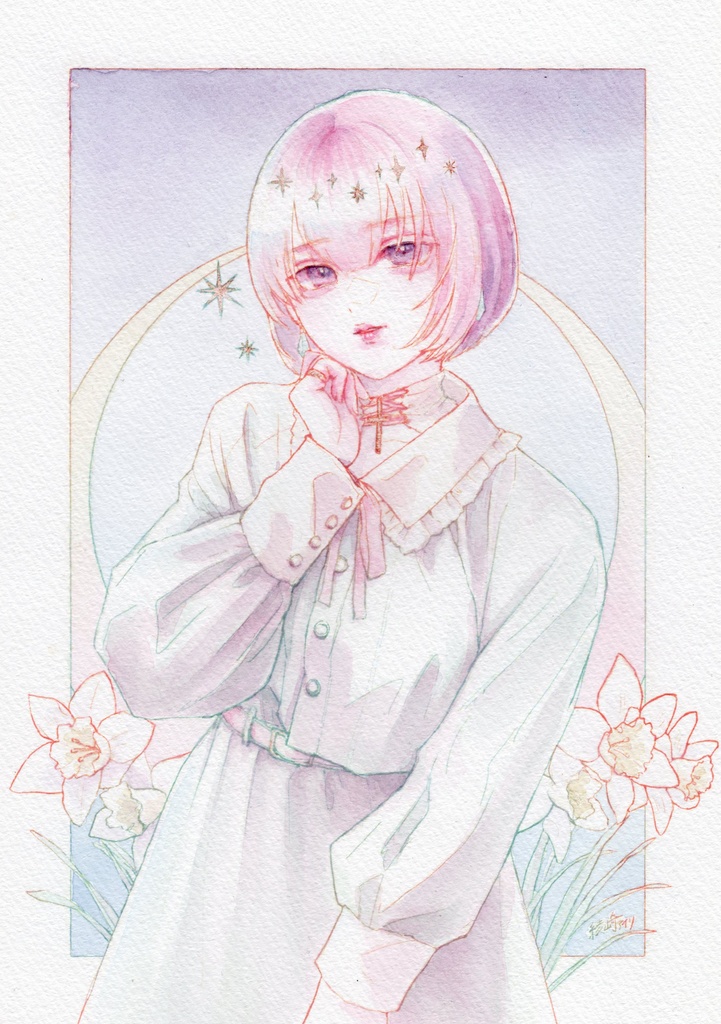 A5水彩原画「水仙と星」