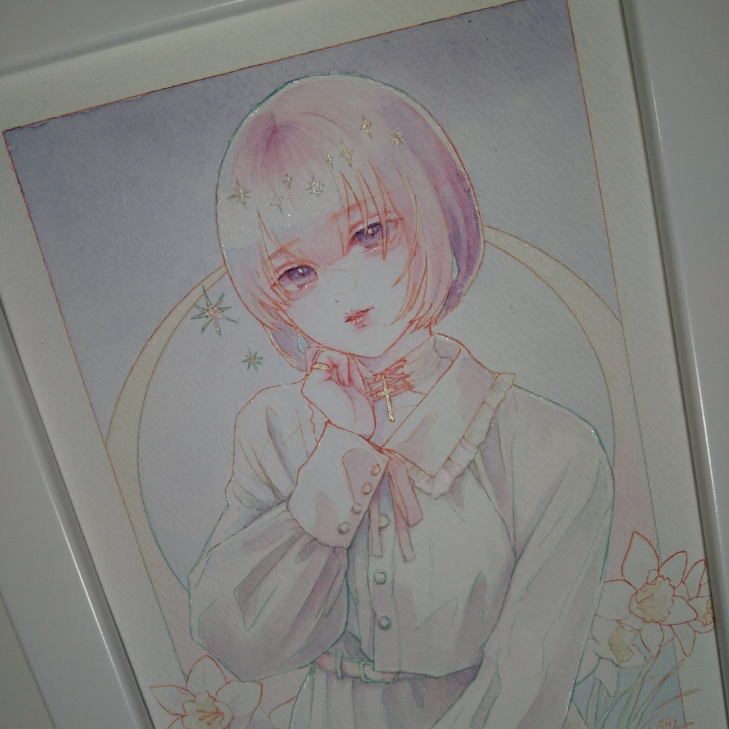 A5水彩原画「水仙と星」