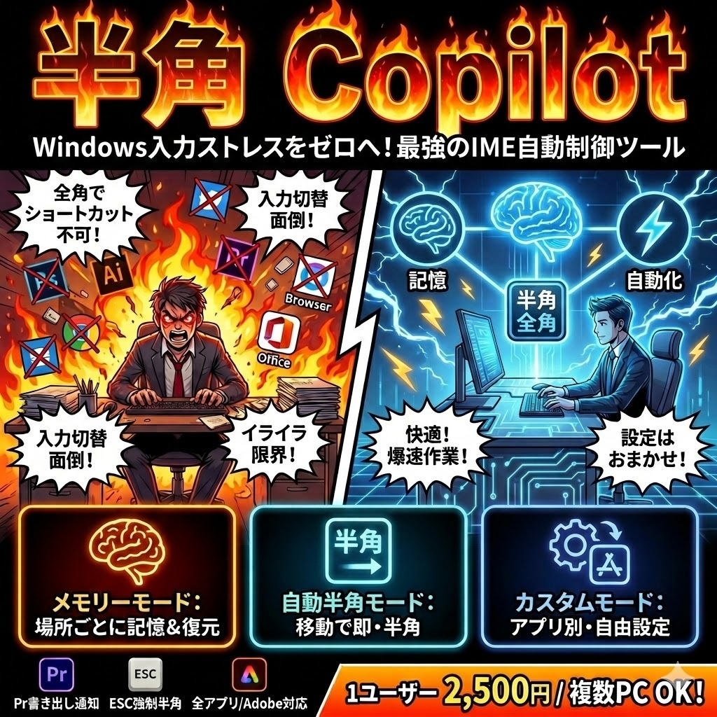 Windowsアプリで全角だとショートカットが効かないのを解決！！「半角コパイロット」