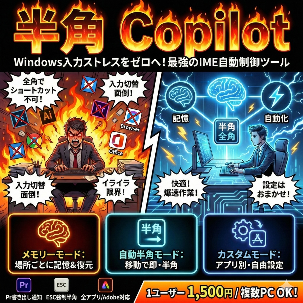 Windowsアプリで全角だとショートカットが効かないのを解決!!「半角コパイロット」