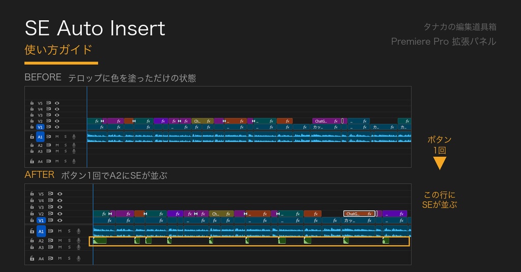 【Premiere Pro / プレミアプロ】SE Auto Insert|ラベル色を塗るだけで効果音を自動配置する拡張パネル