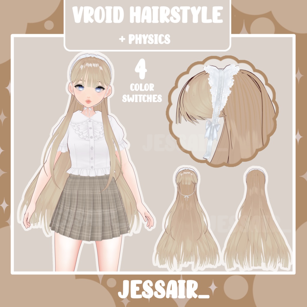 【VRoid Hairstyle Preset】Long Female Cute Hairstyle with Physics and Lace Accessories | Cute Vtuber Hairstyle