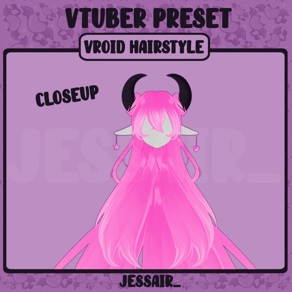 【VRoid 髪型 - Hairstyle Preset】Long Demonic Hairstyle with PHYSICS and Accessories | Cute | Demon Horns | Aesthetic | Vtuber Girl |