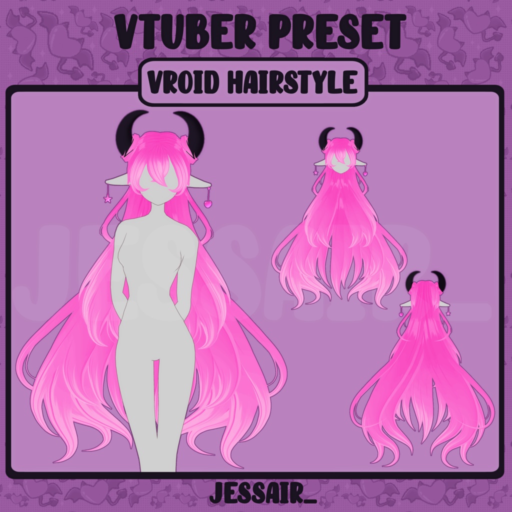 【VRoid 髪型 - Hairstyle Preset】Long Demonic Hairstyle with PHYSICS and Accessories | Cute | Demon Horns | Aesthetic | Vtuber Girl |