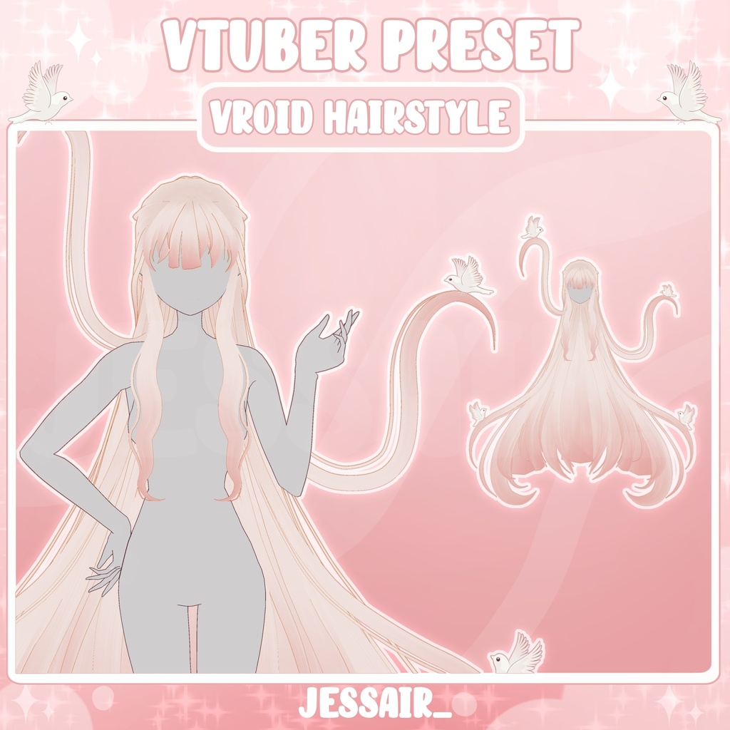 【VRoid 髪型 - Hairstyle Preset】Long Creative Hairstyle with PHYSICS and Ears | Cute | Birds | Princess | Fantasy | Vtuber Girl |