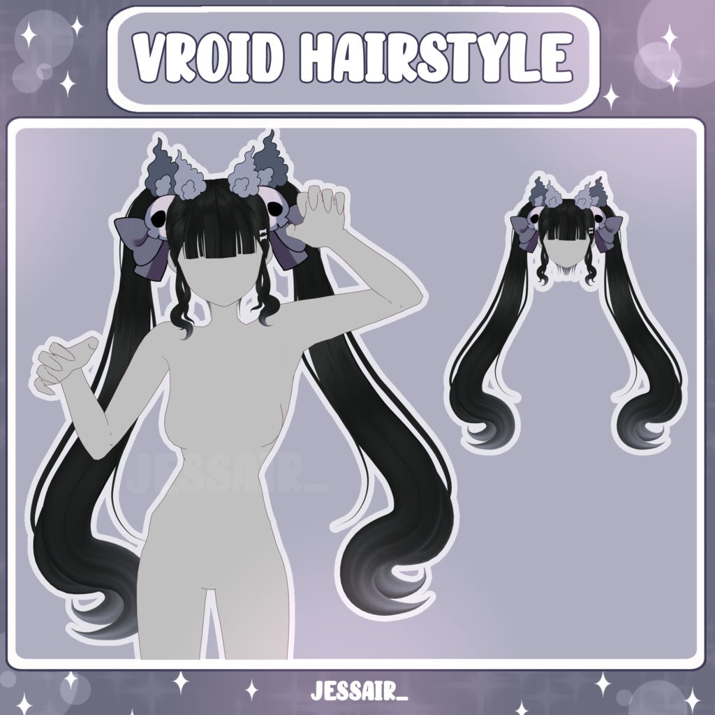 【VRoid 髪型 - Hairstyle Preset】Long Pigtails with PHYSICS | Cute | Skulls | Monster | Dark Aesthetic | Fantasy | Vtuber Girl |