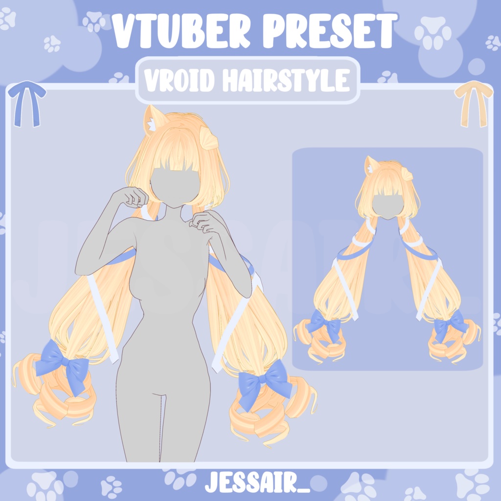 【VRoid 髪型 - Hairstyle Preset】Long Pigtails Hairstyle with PHYSICS and animal ears | Ribbon | Cute | Pastel | Fantasy | Vtuber Hairstyle Preset