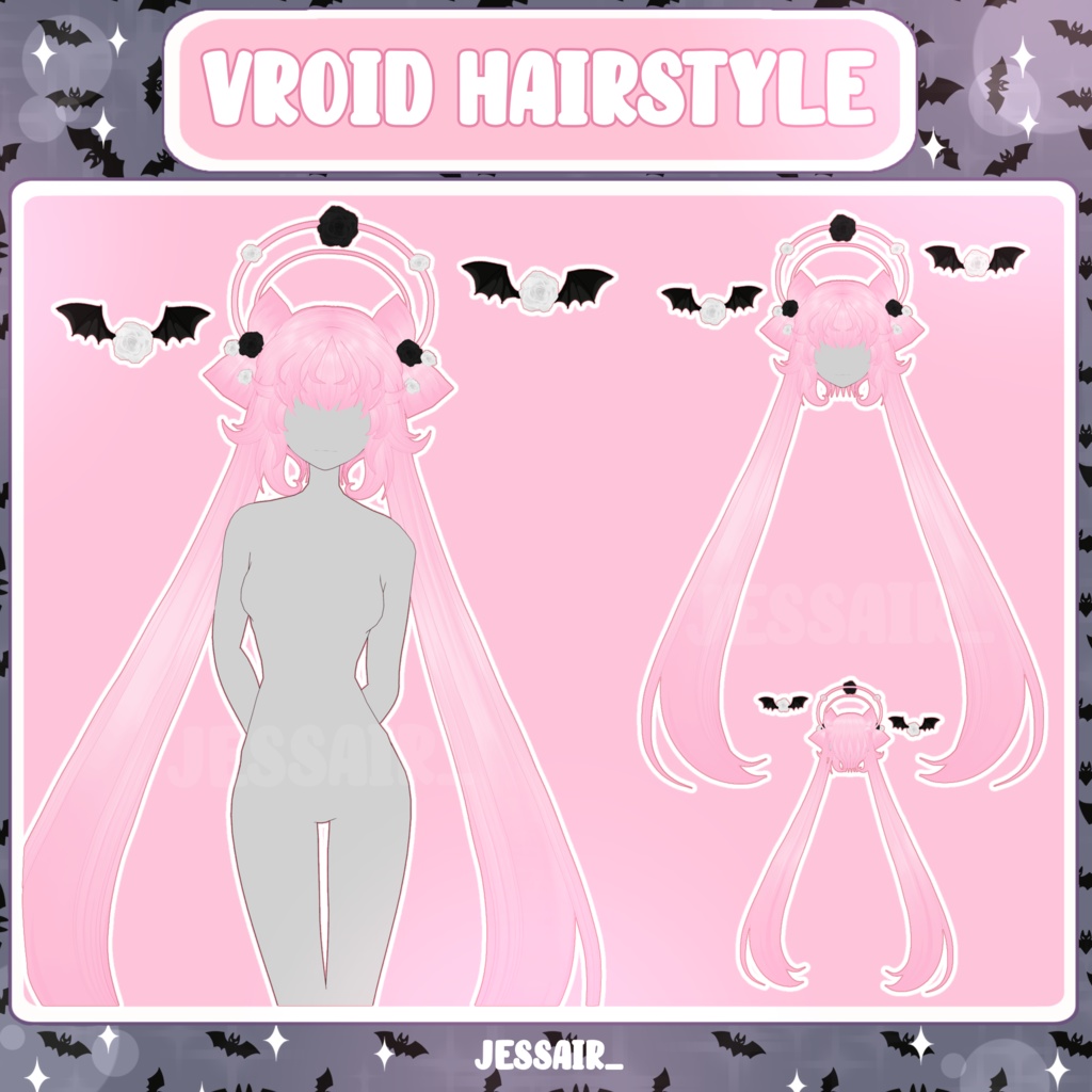 【VRoid 髪型 - Hairstyle Preset】Long Pink Fantasy Hairstyle with PHYSICS | Pastel | Cute | Bat Wings and Roses | Anime | Vtuber Hairstyle Preset