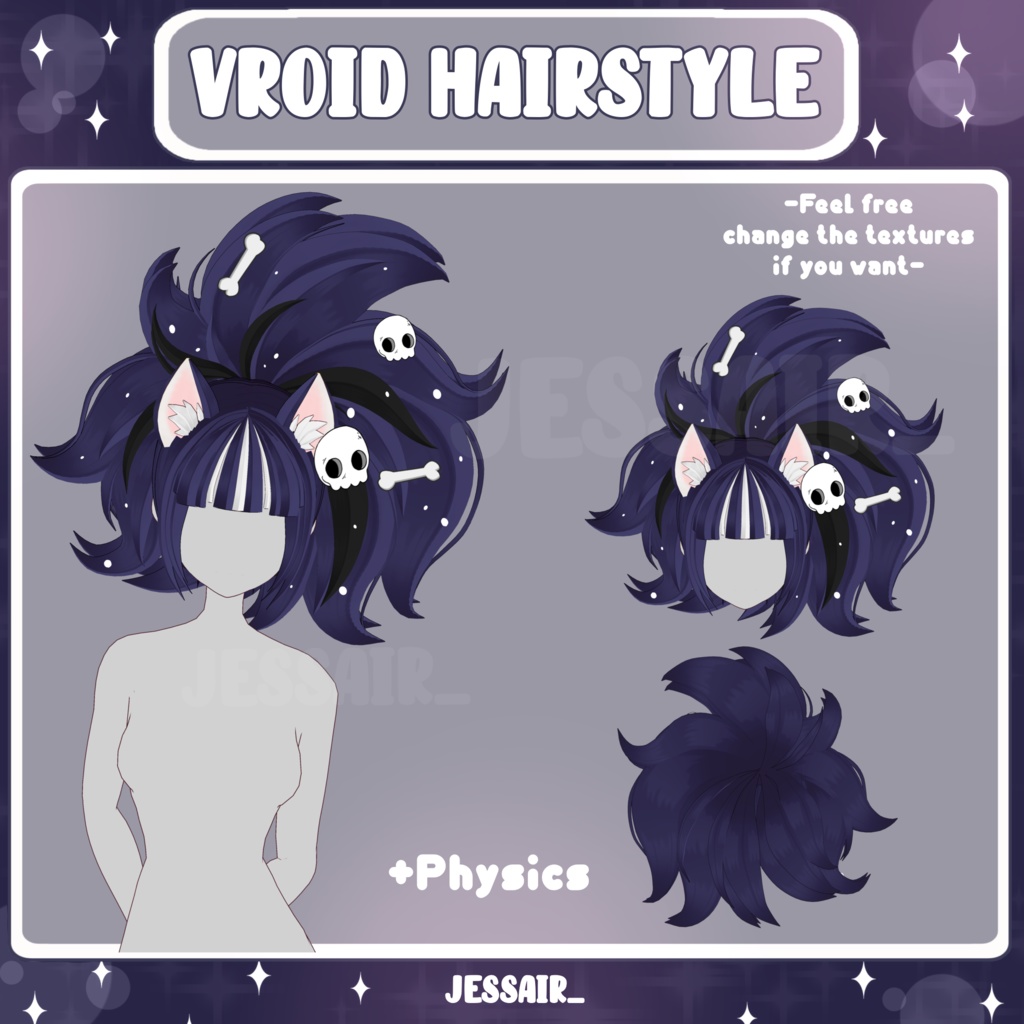 【VRoid 髪型 - Hairstyle Preset】Big Thick Ponytail Hairstyle with PHYSICS | Dark | Cute | Fantasy | Skulls and Bones | Vtuber Hairstyle Preset
