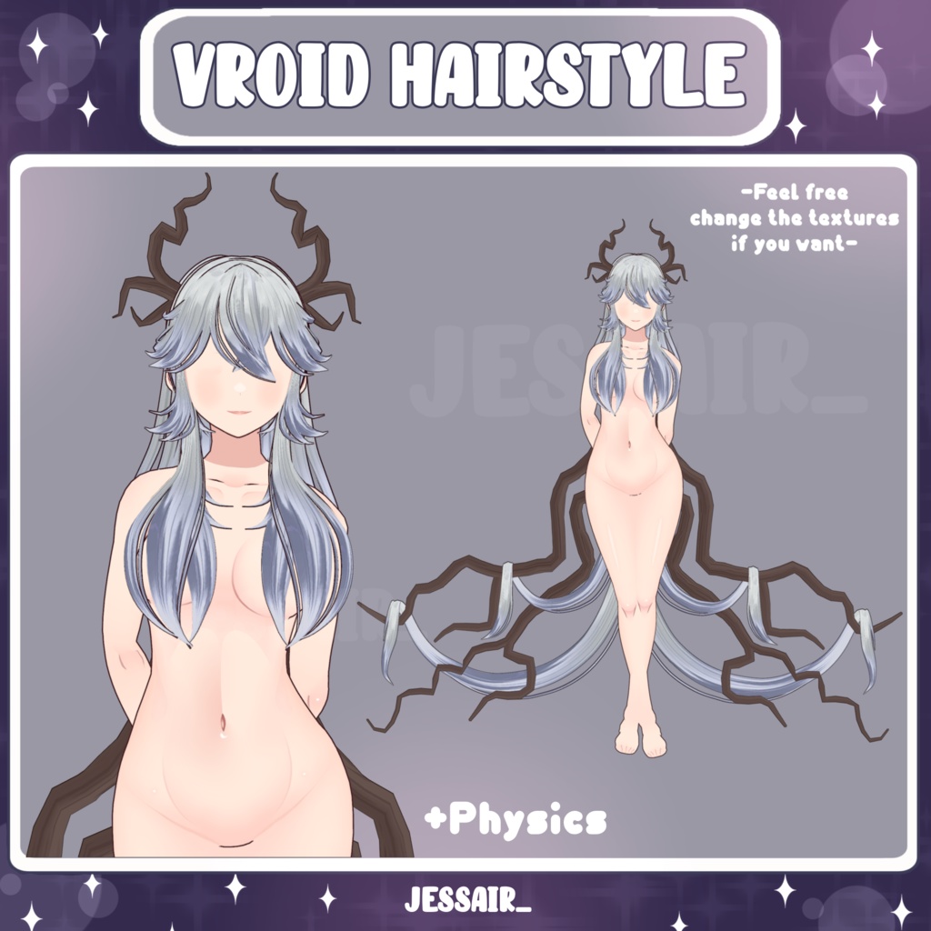 【VRoid 髪型 - Hairstyle Preset】Long Fantasy Hairstyle with Antlers and PHYSICS | Dark | Fantasy | Vtuber Hairstyle Preset