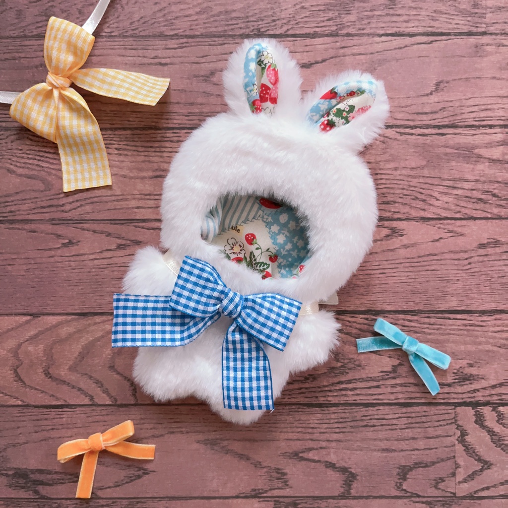10cm ぬい用 子うさぎの着ぐるみ チェック×いちご