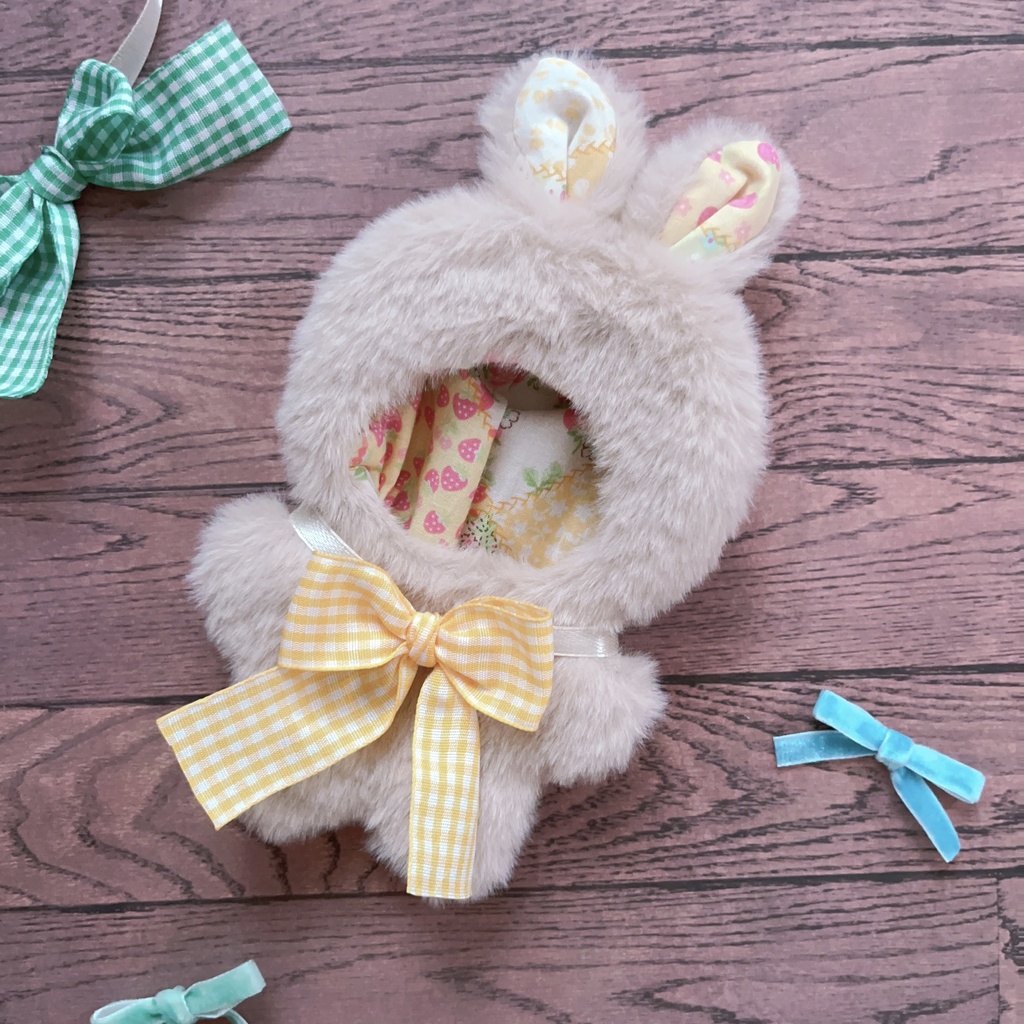 10cm ぬい用 子うさぎの着ぐるみ チェック×いちご