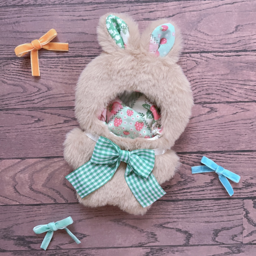 10cm ぬい用 子うさぎの着ぐるみ チェック×いちご
