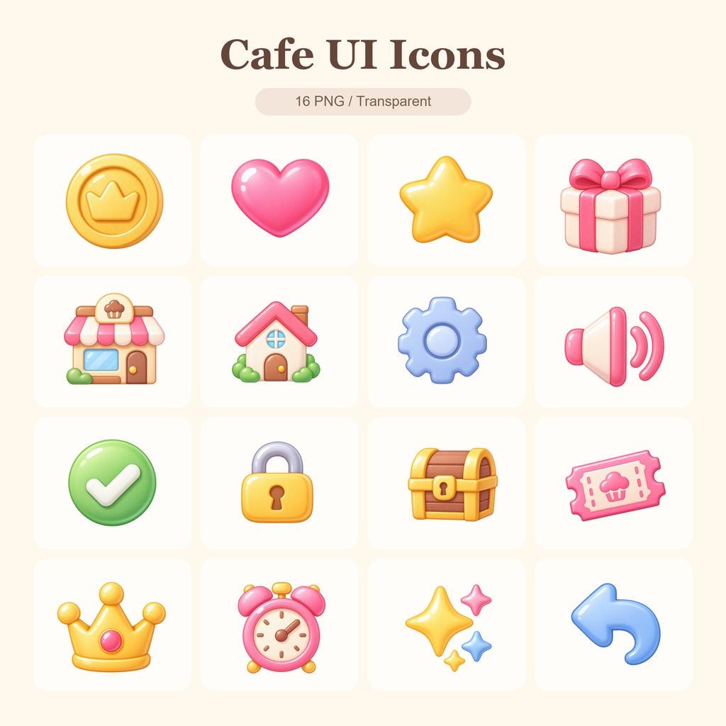 Cafe UI Icons v1｜カフェ・お菓子ゲーム向け かわいいUIアイコン16種セット