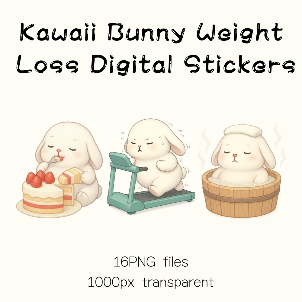 【GoodNotes用】ダイエット頑張る！もちもち白うさぎのデジタルステッカー（透過PNG/16枚セット）