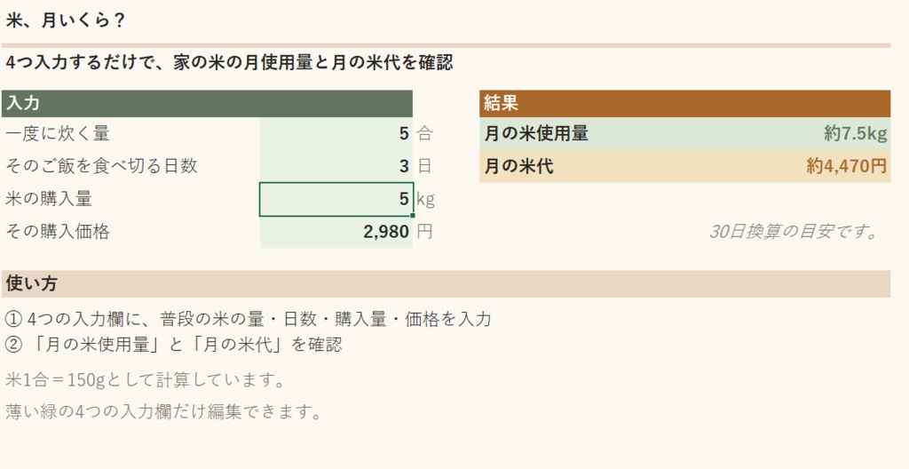 米、月いくら?|炊く量・食べ切る日数から月の米代を計算【Excel】