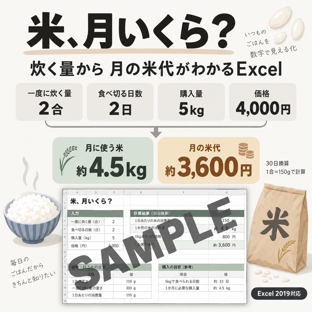 米、月いくら?|炊く量・食べ切る日数から月の米代を計算【Excel】