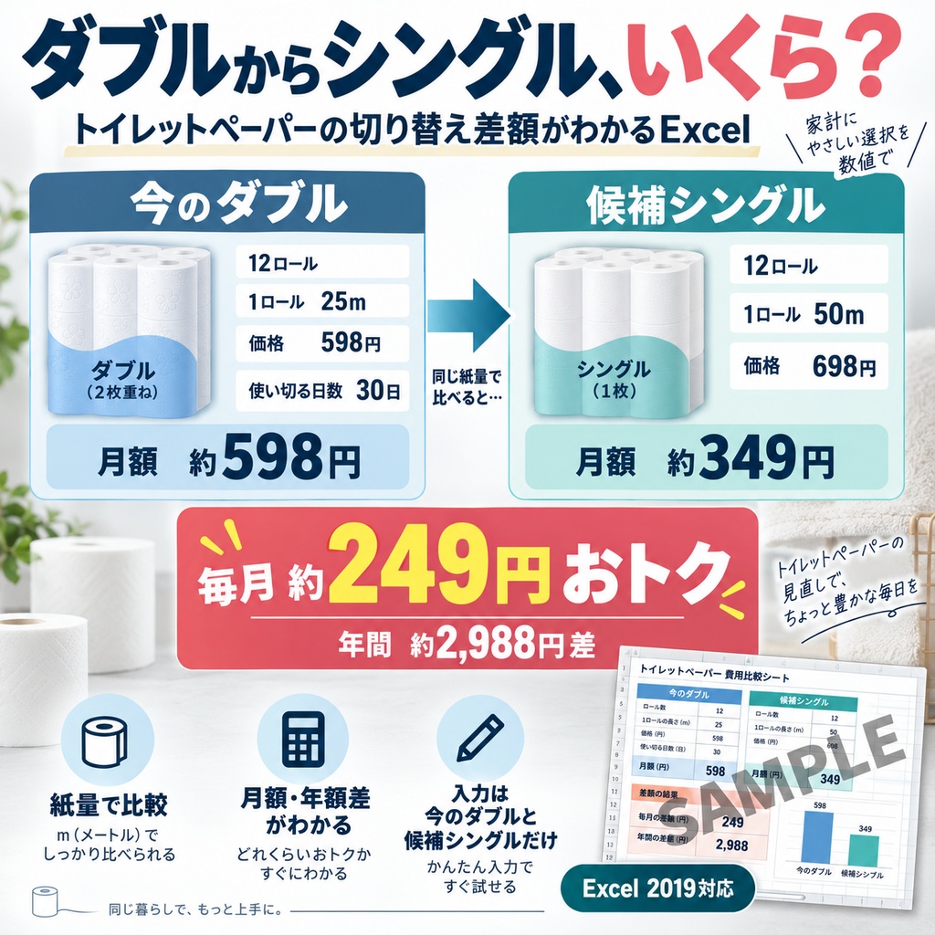ダブルからシングル、いくら？｜トイレットペーパーの月額・年額差を比較【Excel】