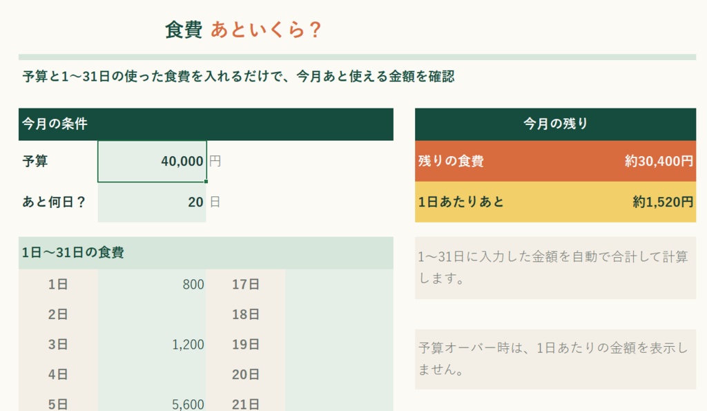 食費あといくら?|残り予算・1日あたり使える金額を計算【Excel】