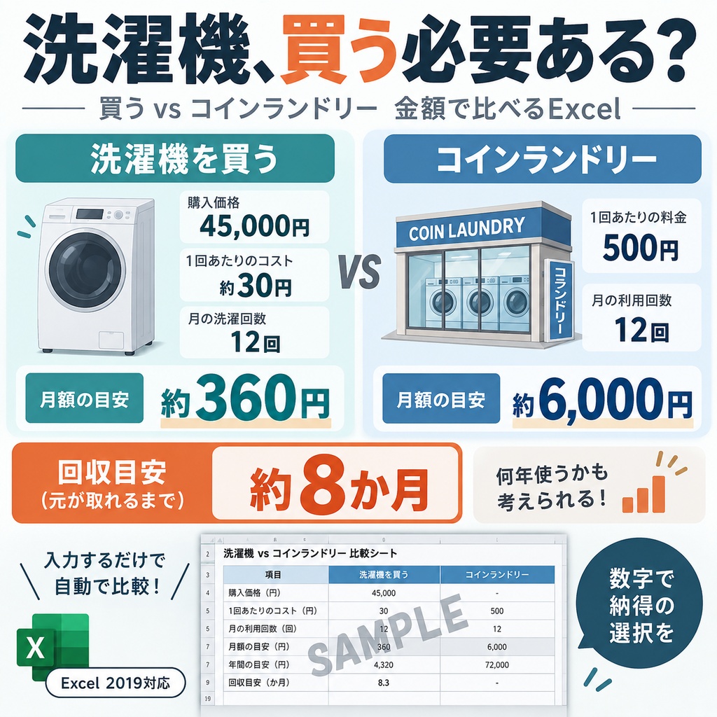 洗濯機、買う必要ある？｜洗濯機 vs コインランドリーの費用比較シート【Excel】