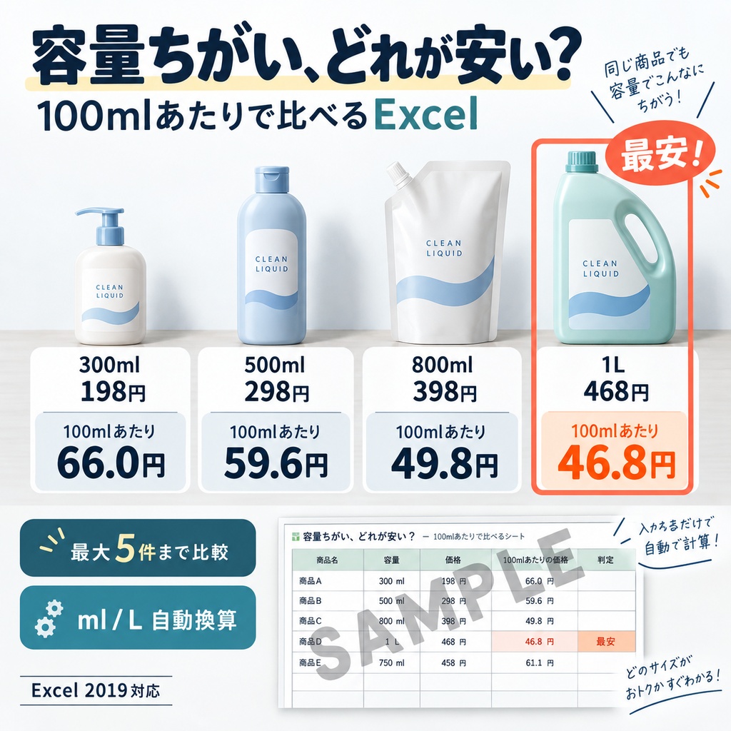 容量ちがい、どれが安い？｜最大5商品を100ml単価で比較【Excel】