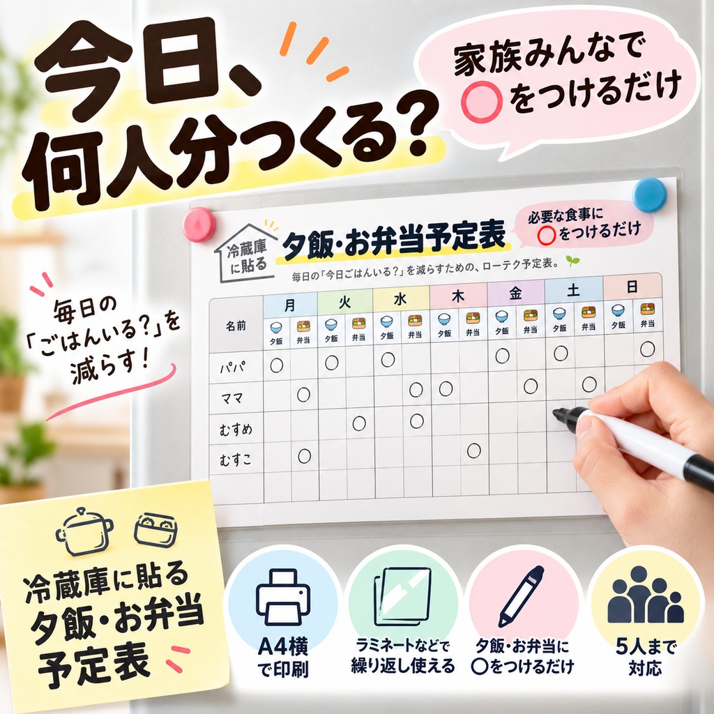 冷蔵庫に貼る 夕飯・お弁当予定表|家族で○する1週間の食事予定ボード【A4・PNG】