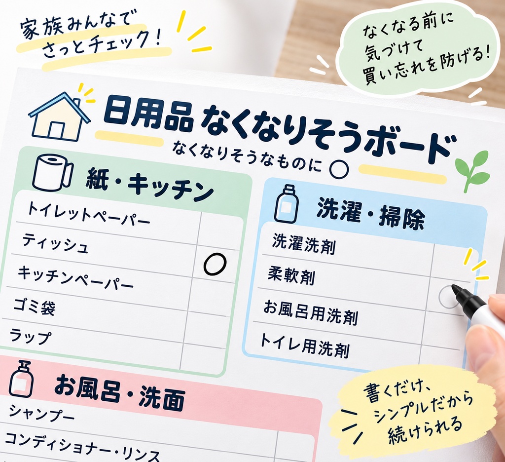 日用品 なくなりそうボード｜○するだけの家族共有・買い物メモ【A4・PNG】
