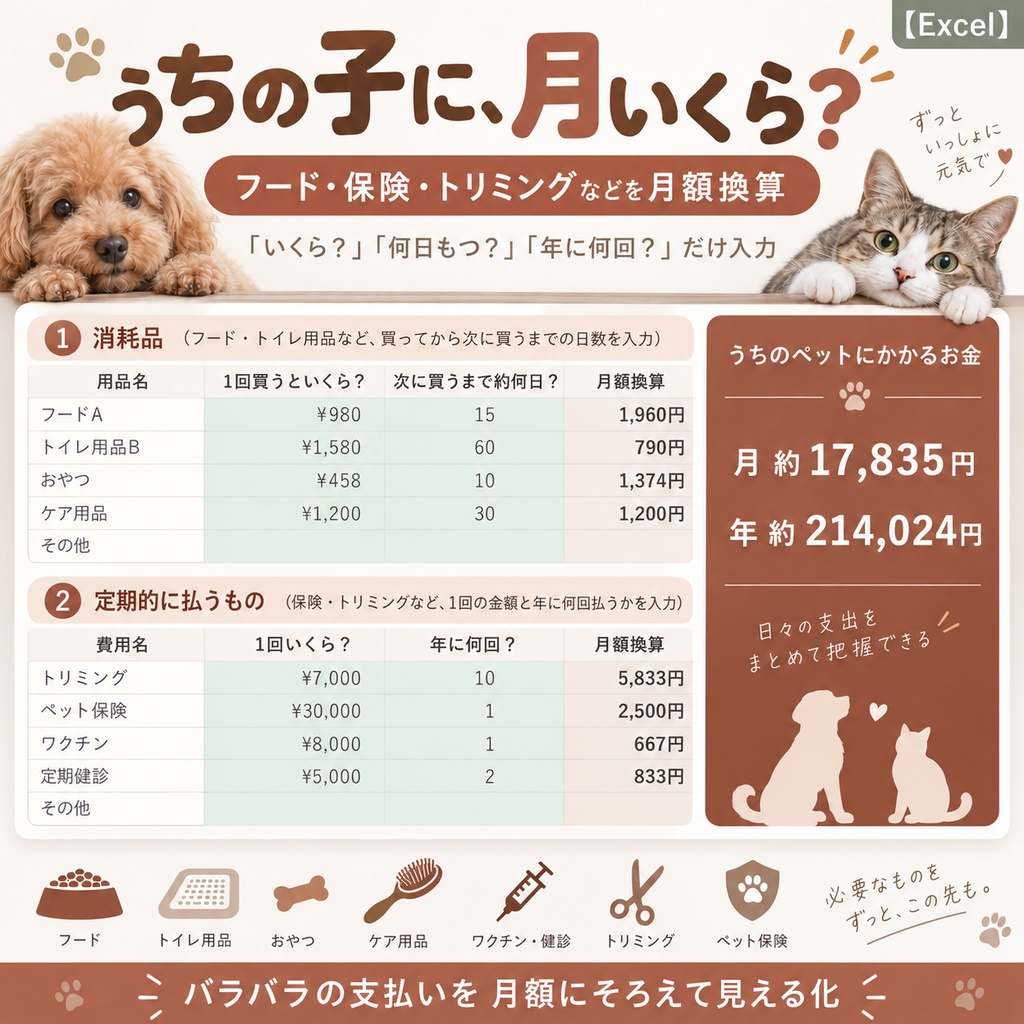 うちの子に、月いくら？｜フード・保険・トリミングなどを月額換算【Excel】