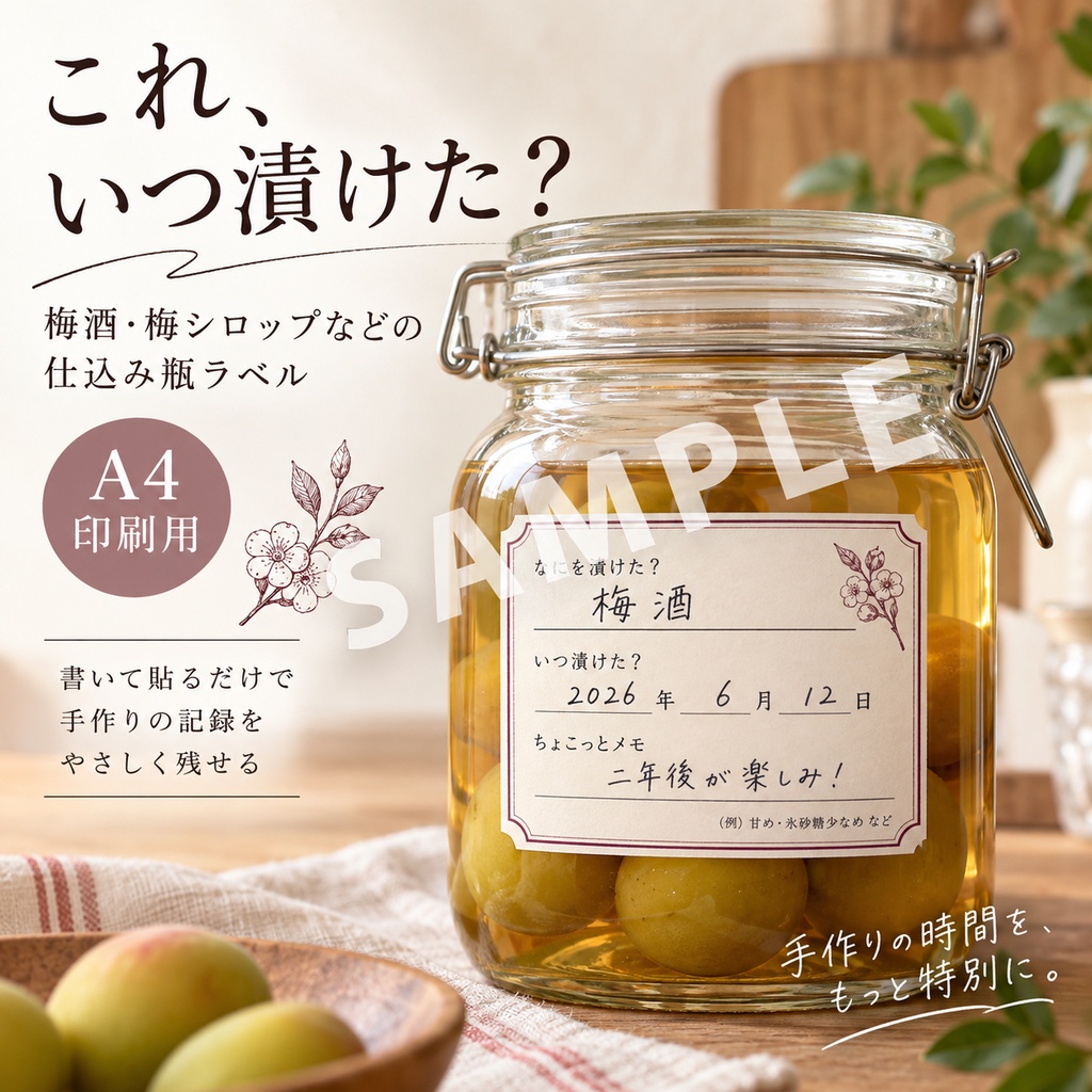 これ、いつ漬けた？｜梅酒・梅シロップなどの仕込み瓶ラベル【A4・PNG/PDF】