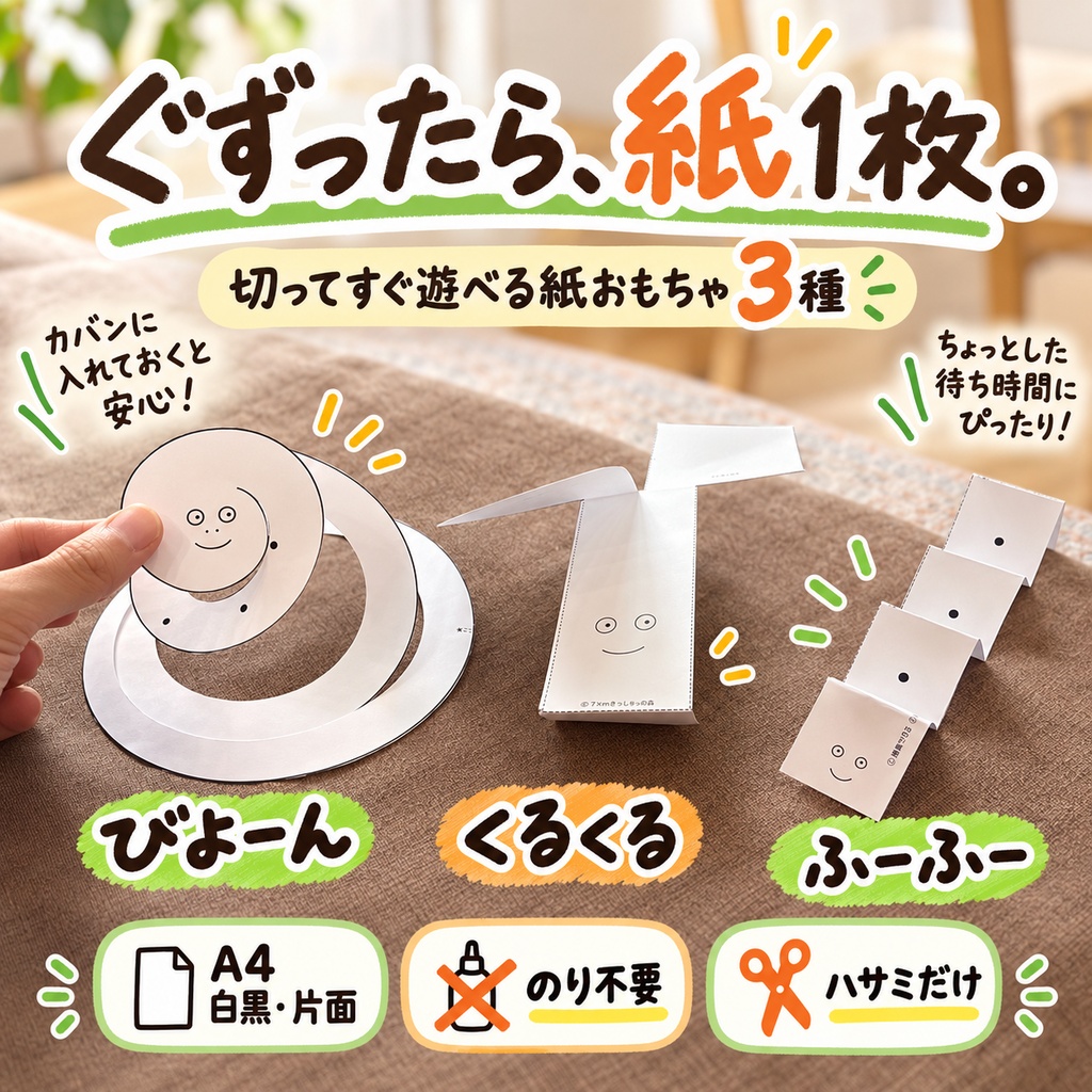 ぐずったら、紙1枚。|切ってすぐ遊べる紙おもちゃ3種【A4・PNG/PDF】