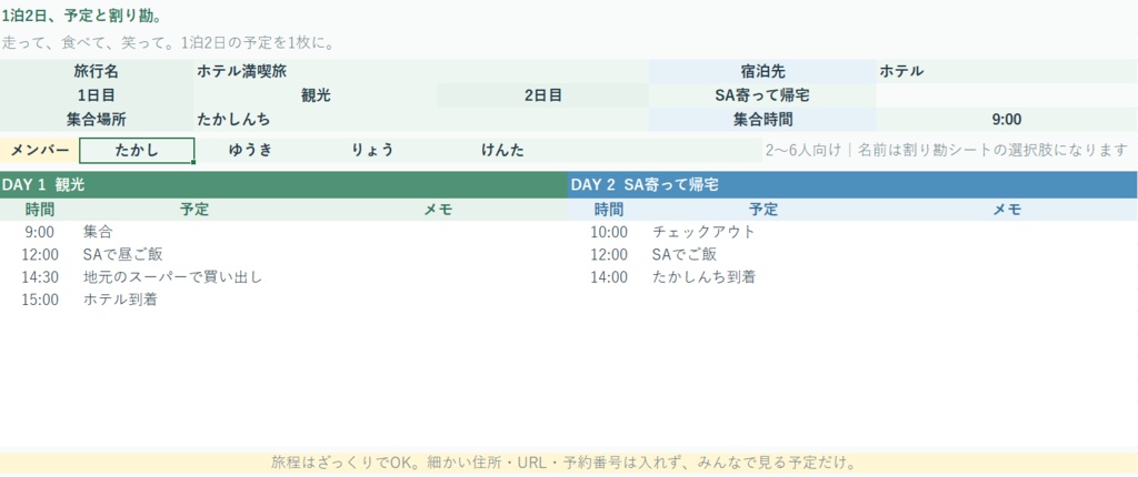 1泊2日、予定と割り勘。|旅程・立替・精算まとめ【Excel】