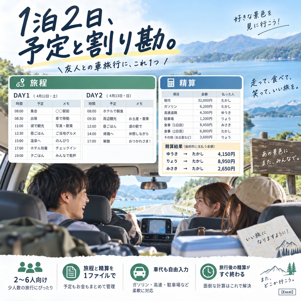 1泊2日、予定と割り勘。｜旅程・立替・精算まとめ【Excel】