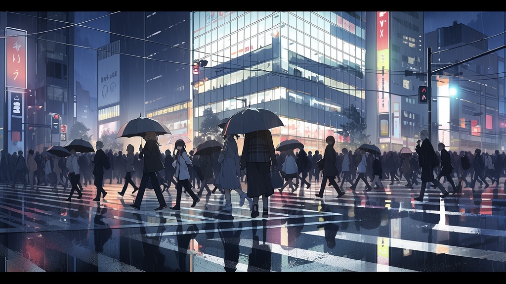 Free: Rainy City Crossing 01 (Raw AI Image) 無料:雨のスクランブル交差点 01(AI無加工画像)