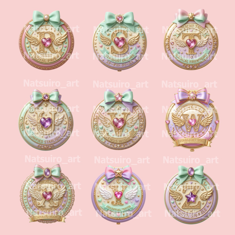 ぷっくりシール、クリップアート/魔法のコンパクト/アルファベットO~Z(背景透過)