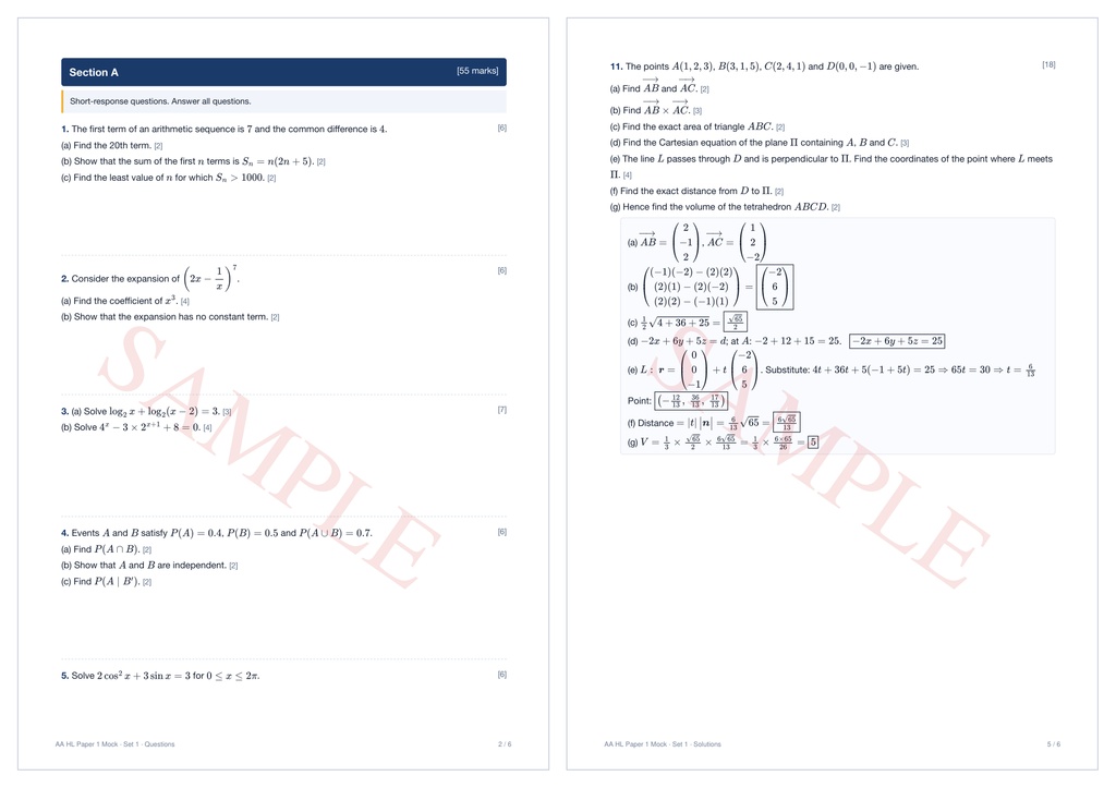 【IB Math AA HL】Paper 1 模試 Set 1(英語・電卓なし・110点・解答解説つき)