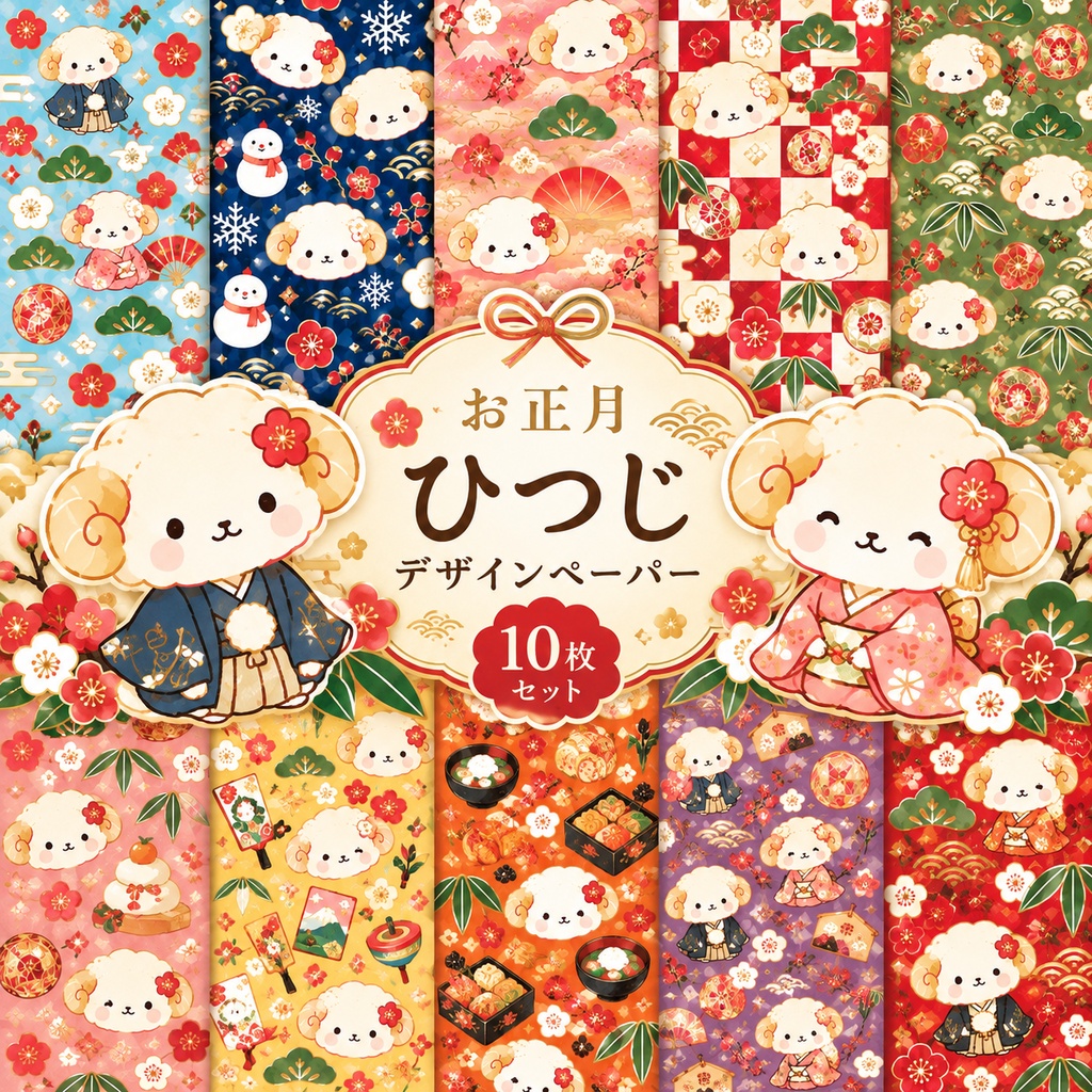 2027年お正月 ひつじの和風デザインペーパー10枚セット｜かわいい干支イラスト
