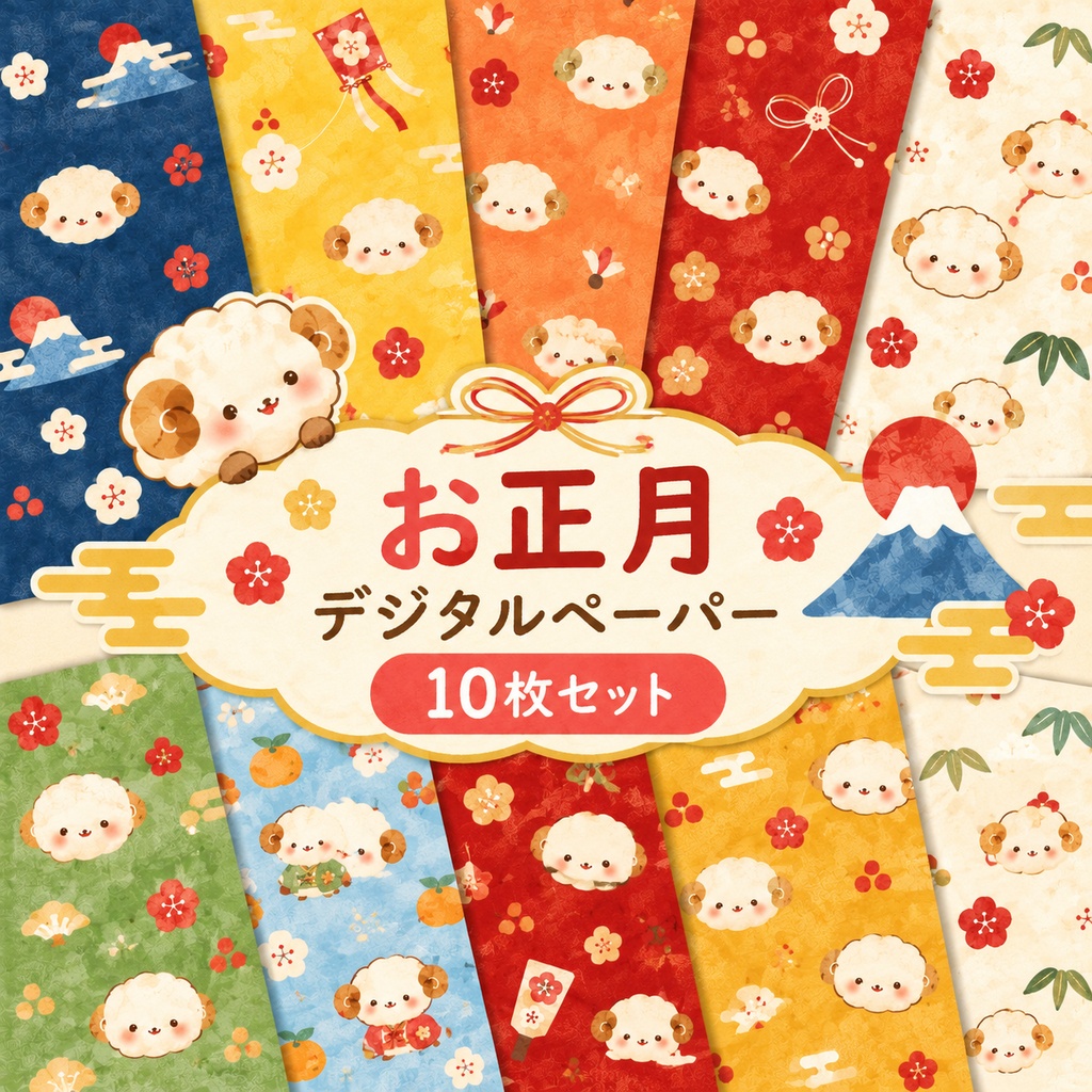 かわいい干支ひつじのお正月デジタルペーパー10枚セット｜和風・縁起物