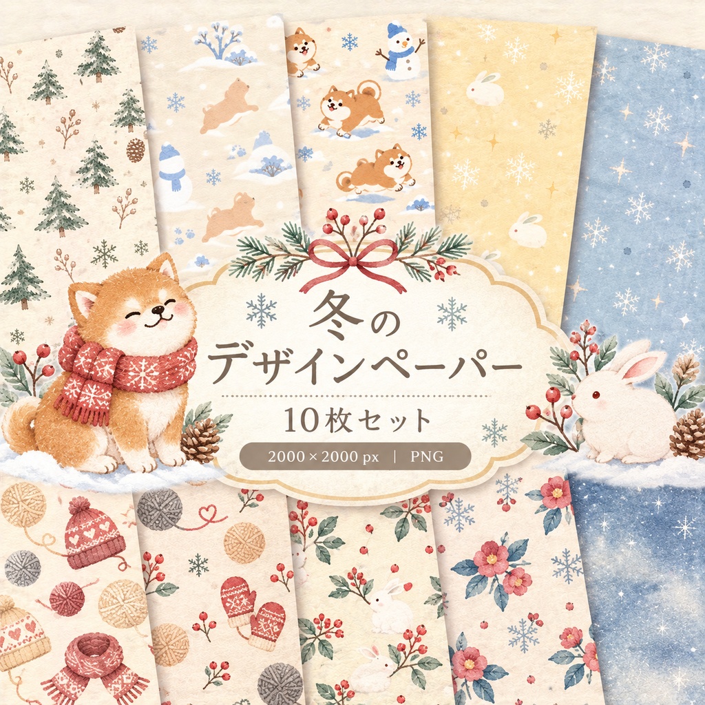 冬のデザインペーパー10枚セット|和風・冬の森・柴犬・雪うさぎ・椿