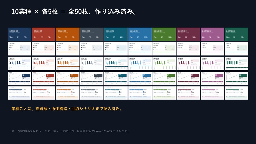 【10業種×5枚】決裁が通る設備投資計画書テンプレート|収支グラフ編集OK・感度分析つき(PowerPoint)