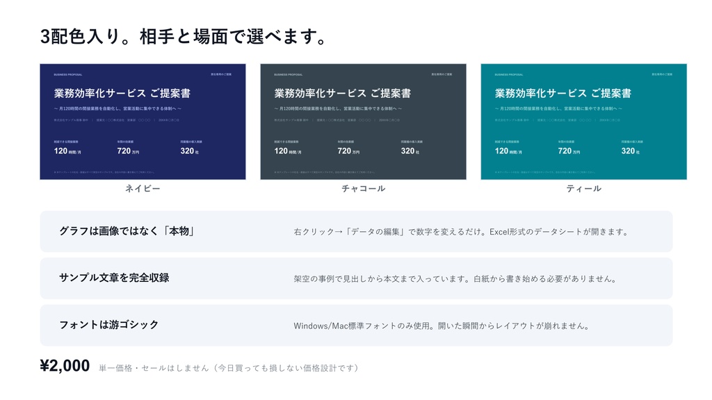 営業提案書テンプレート|受注につながる10枚の型×3配色【サンプル文章入り・書き換えるだけ】
