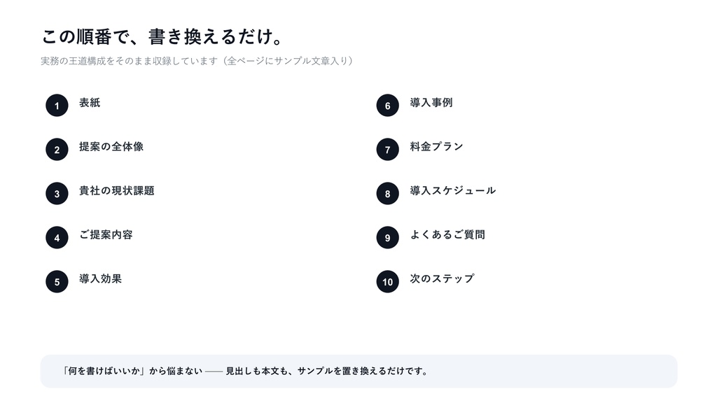 営業提案書テンプレート|受注につながる10枚の型×3配色【サンプル文章入り・書き換えるだけ】