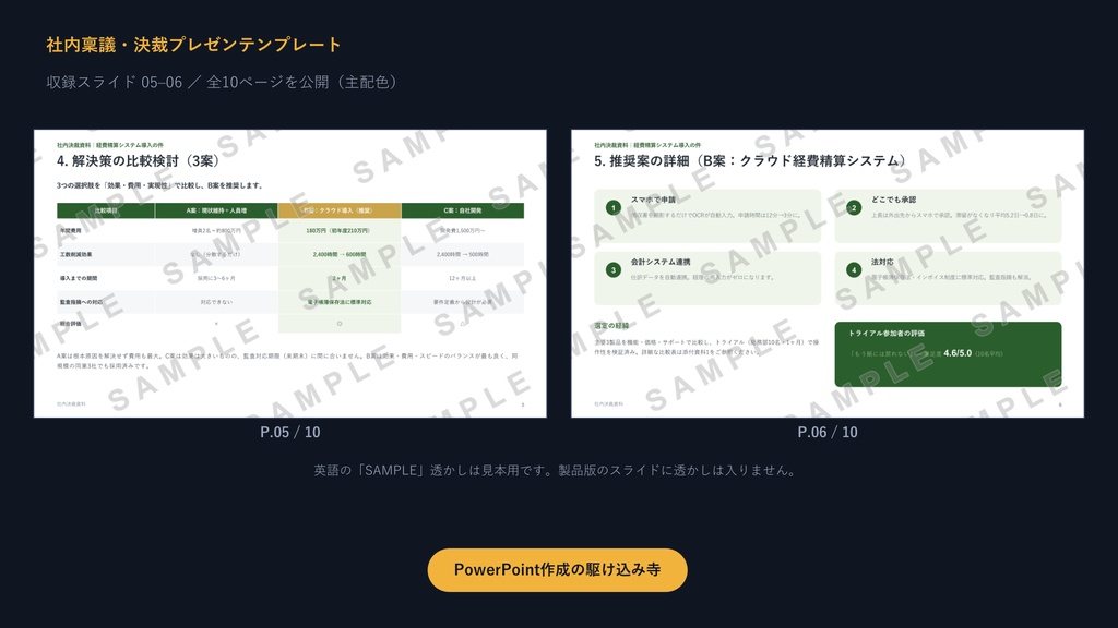 社内稟議・決裁プレゼンテンプレート|決裁が下りる10枚の型×3配色【3案比較・費用対効果入り】